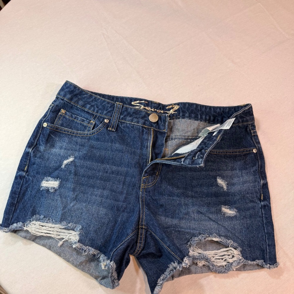 Seven7 Denim Shorts 6 Dark Wash Distressed Frayed Hem 4" inseam Cut Off Festival